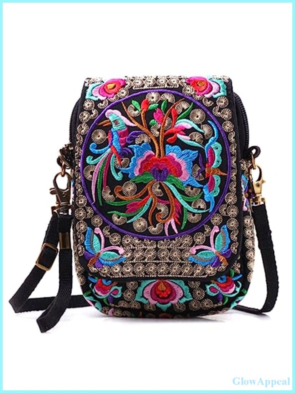 Embroidered Canvas Crossbody Bag Wristlet Handmade Small Purse